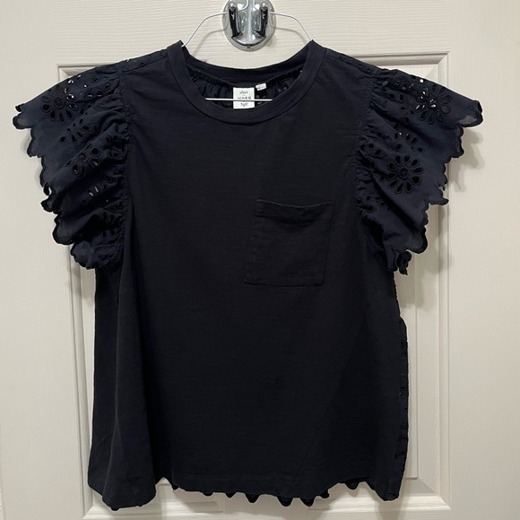 Anthropologie Seen Worn Kept Flutter Eyelet Black Top - Picture 3 of 15